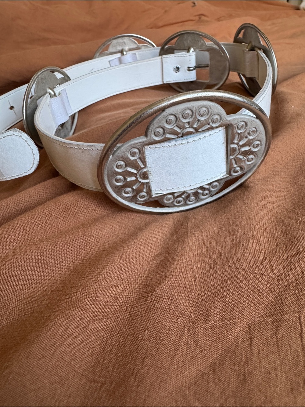 White Leather Belt with Decorative Silver Buckles